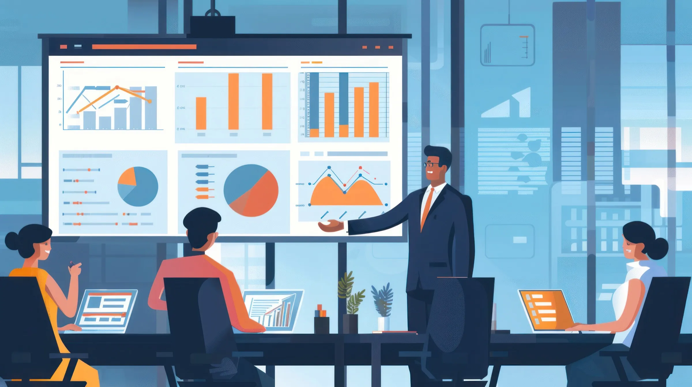 A presenter walking a group of executives through market analysis as they follow on laptops