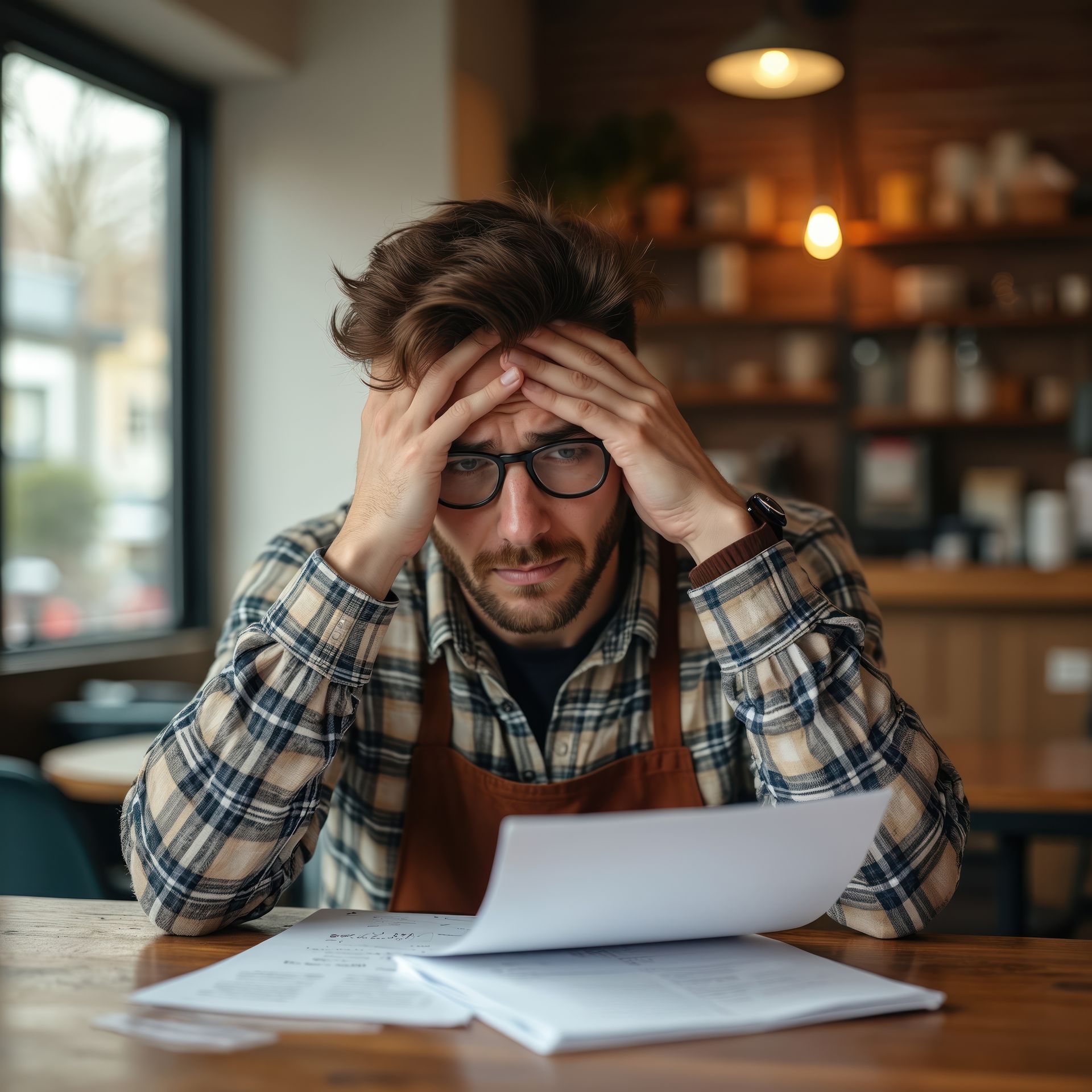 Overwhelmed business owner dealing with HR paperwork